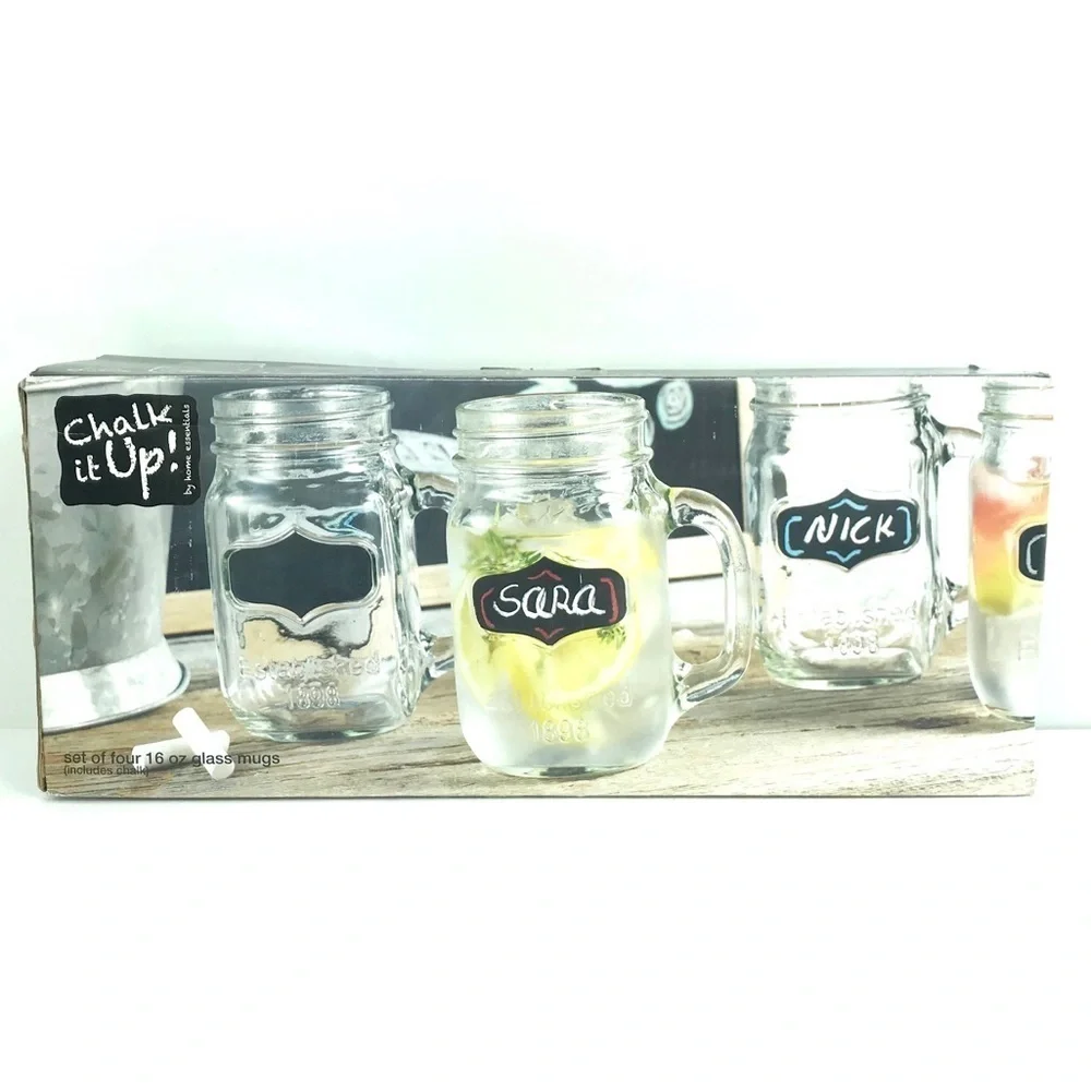 4 Home‎ Essentials Chalk It Up 16 Oz Jar Glasses